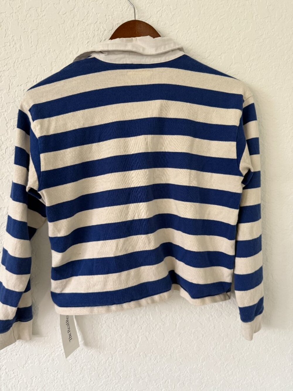 MOTHER Boxy Polo Crop Tee in Game On- Blue/Cream Stripes- S- Long Sleeve - Picture 7 of 16